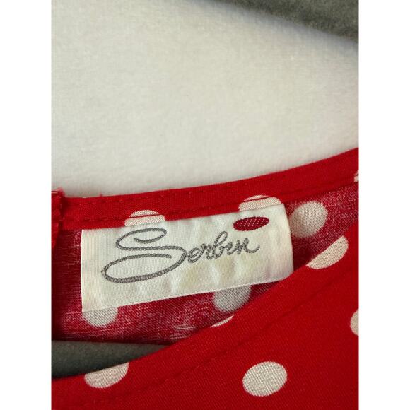 Vintage Serben Dress Polka Dot Red White Belted Fit & Flare Pinup Pockets XL - Picture 4 of 8